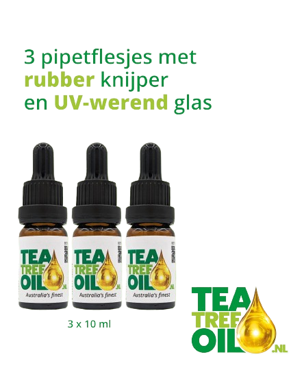 Tea Tree Oil 3x10 ml pipetflesjes, met knijper van rubber en UV-werend glas